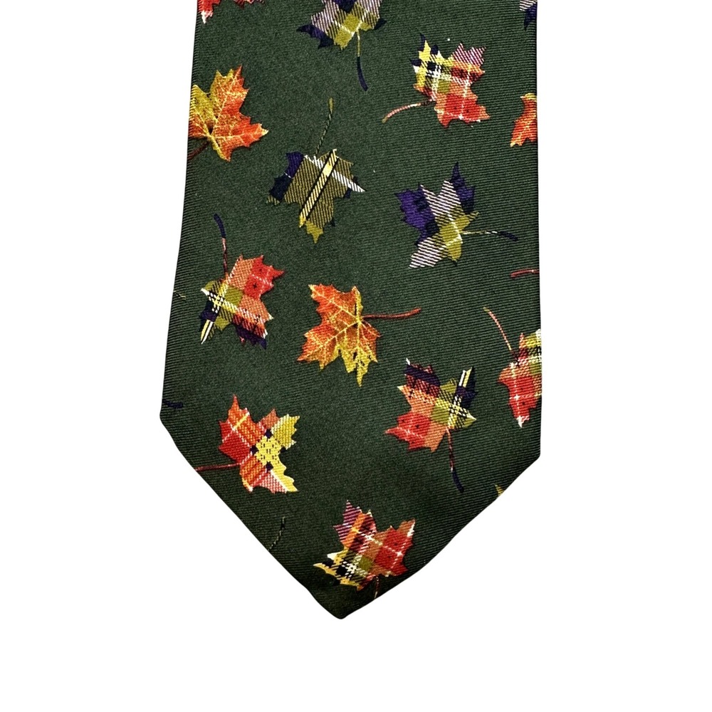 Brooks Brothers Makers Silk Tie Forest Green Plaid Maple Leaf Autumn Fall USA